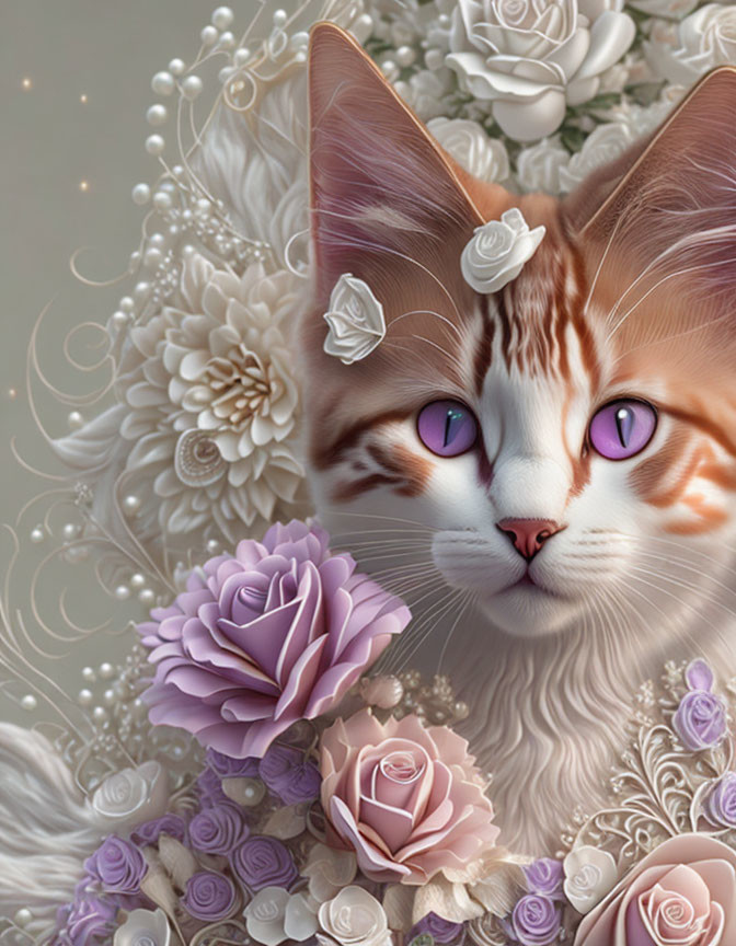 Close-Up Digital Artwork: Cat with Purple Eyes and White Roses