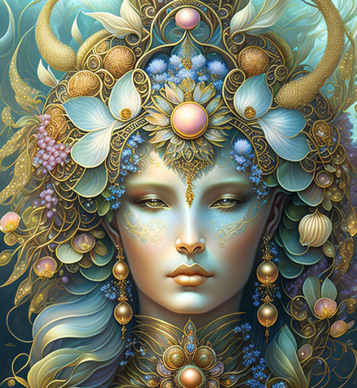 Fantasy illustration of serene female figure with decorative horns and ornate blue and gold headdress.