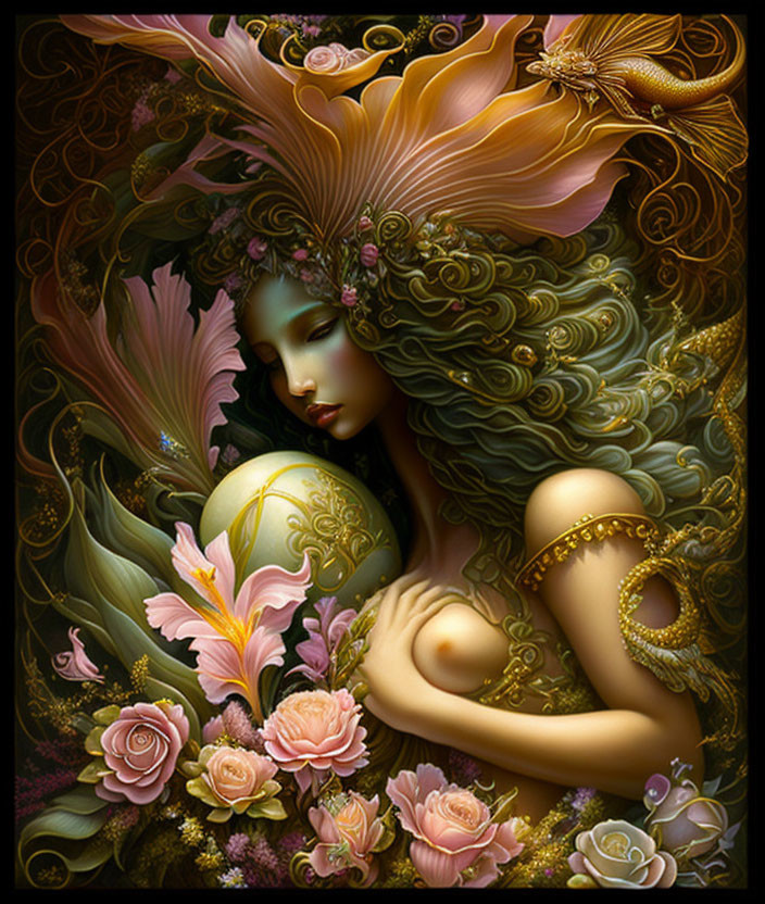 Fantastical woman with wavy hair and golden sphere in floral setting