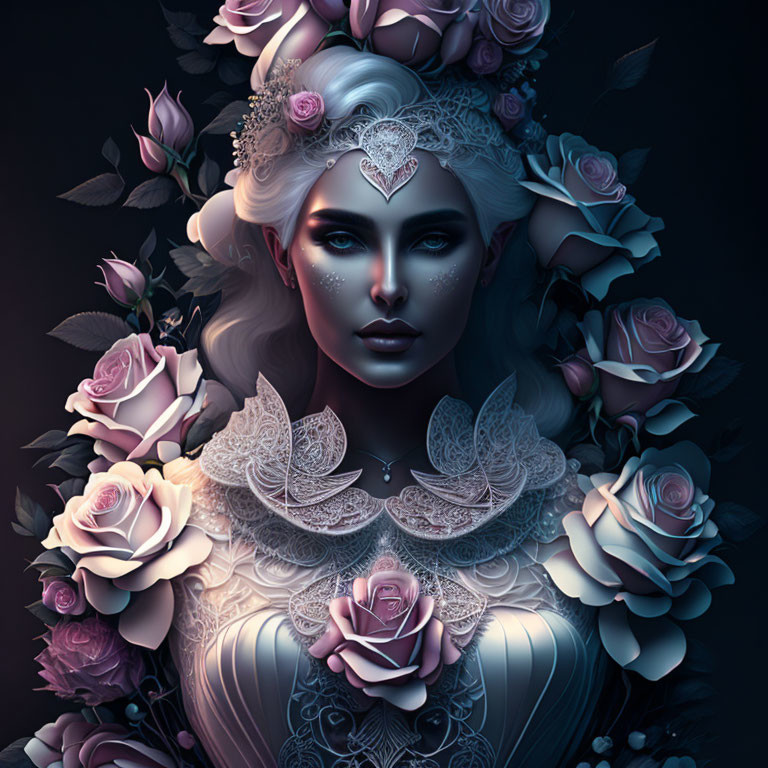 Ethereal woman with pale skin among pink roses and floral crown.