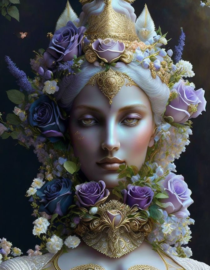 Stylized portrait of woman with pale blue skin and intricate gold headdress among purple and white roses