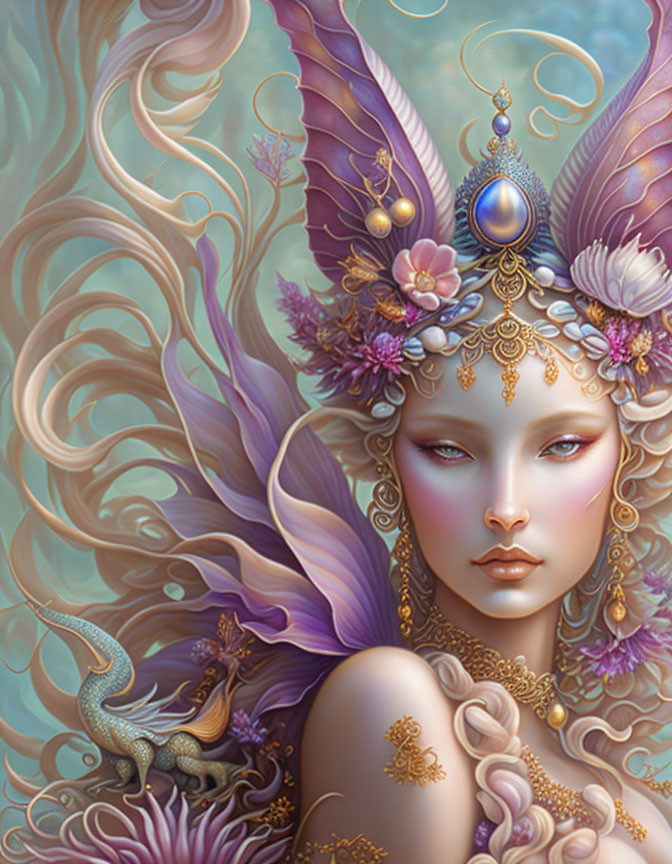 Fantasy portrait of a woman with elven traits and butterfly wings