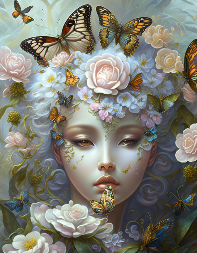 Ethereal face with blooming flowers and butterflies in dreamlike art