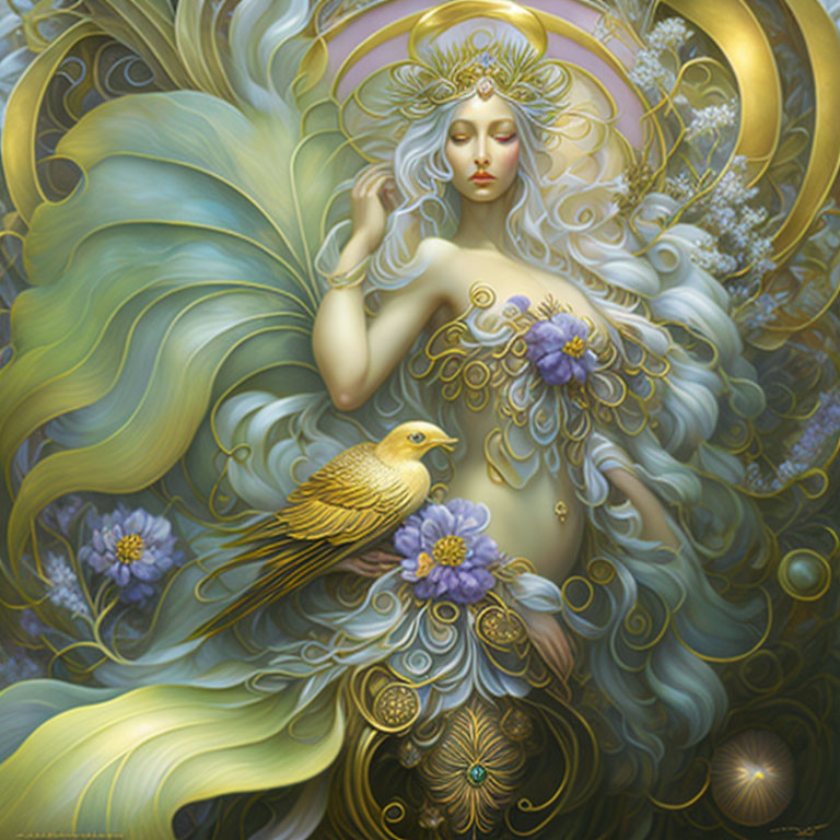 Ethereal woman with blonde hair holding a yellow bird in pastel swirl.