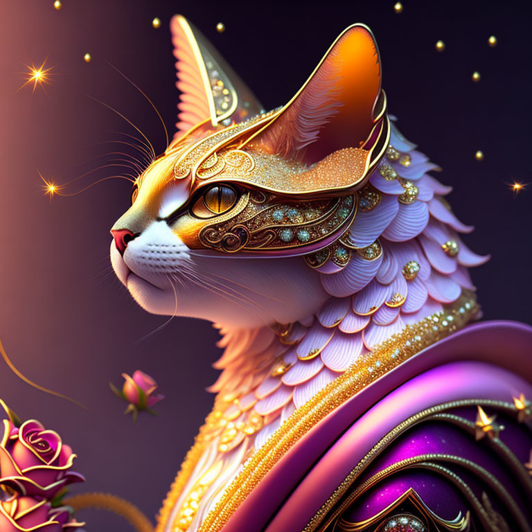 Majestic cat in gold and white armor on purple background