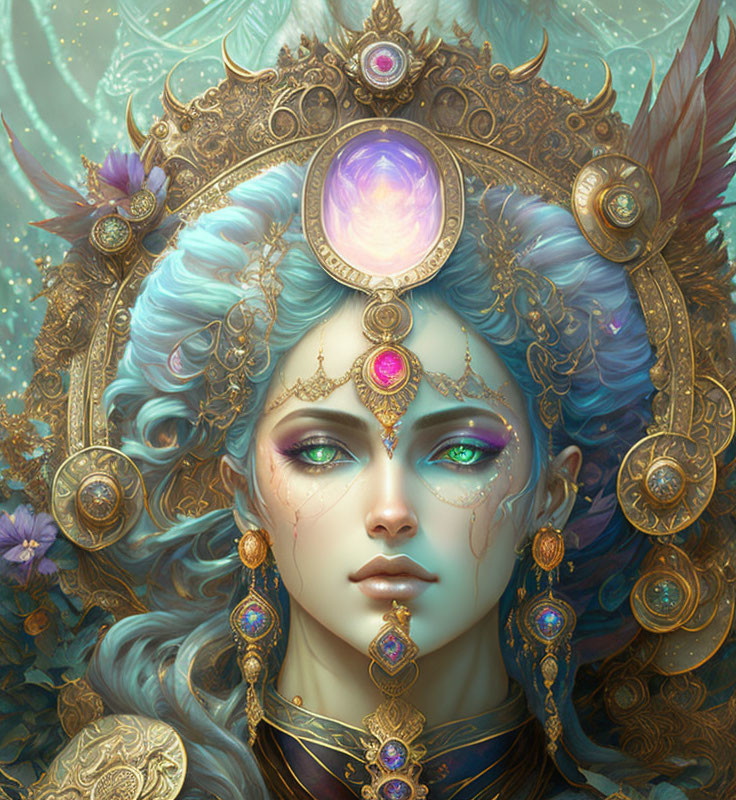 Illustrated female figure with blue hair and ornate golden headdress in fantastical setting