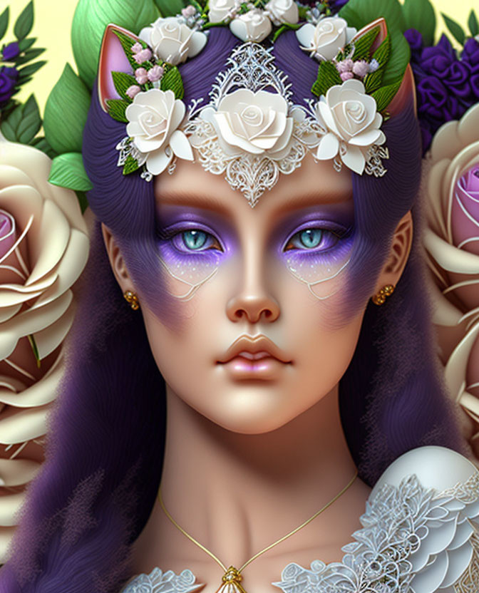 Fantasy creature portrait with purple hair and floral crown against rose backdrop