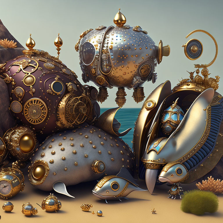 Steampunk-style mechanical marine life with intricate details and golden hues