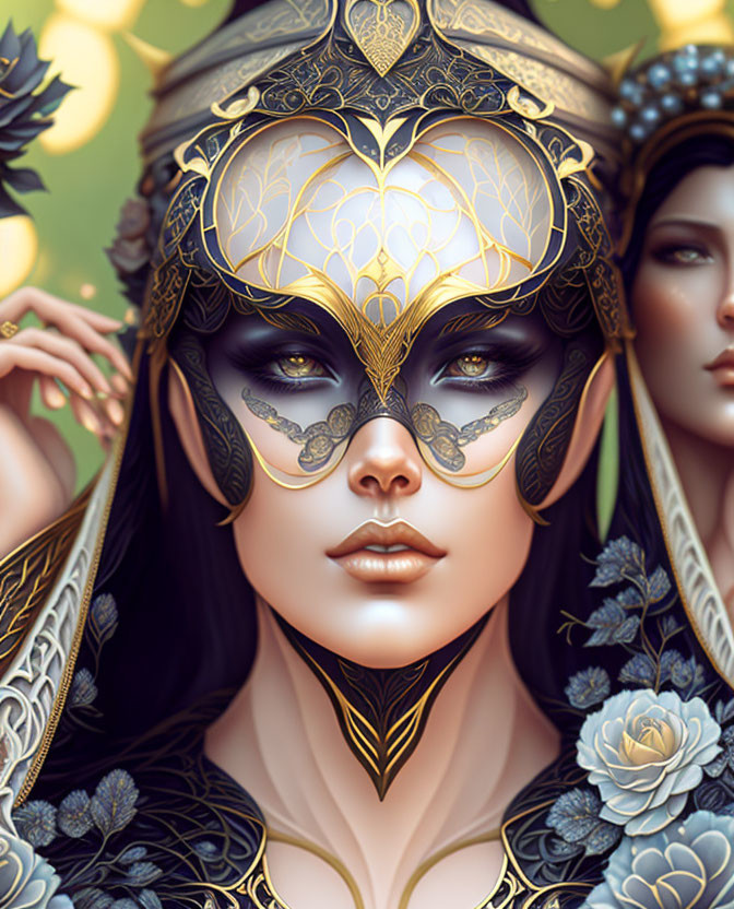 Detailed illustration of woman in ornate golden mask and headdress with intricate patterns, surrounded by flowers and
