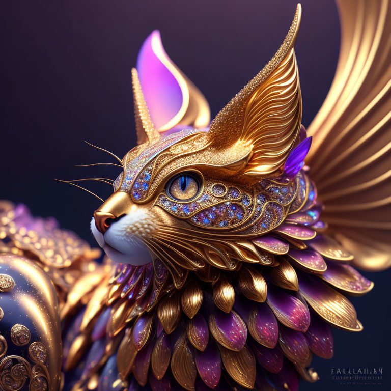 Majestic cat digital artwork with golden armor and purple wings