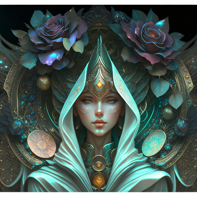 Fantasy artwork: Female figure with elaborate floral headgear and glowing elements