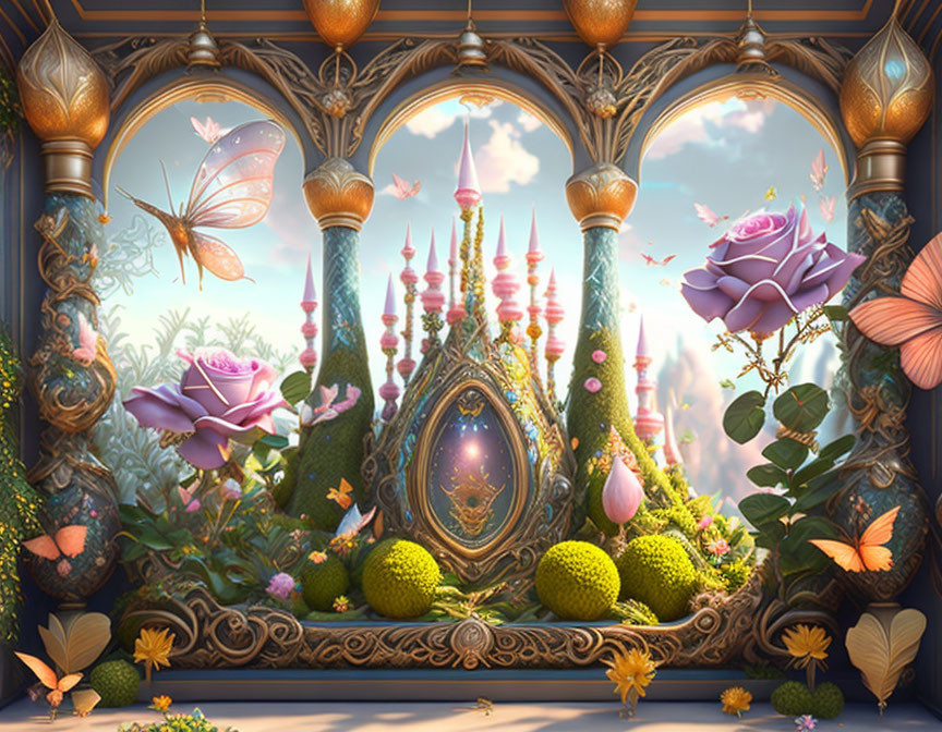 Ornate room with oversized flowers, glowing egg, butterflies & fairytale ambiance