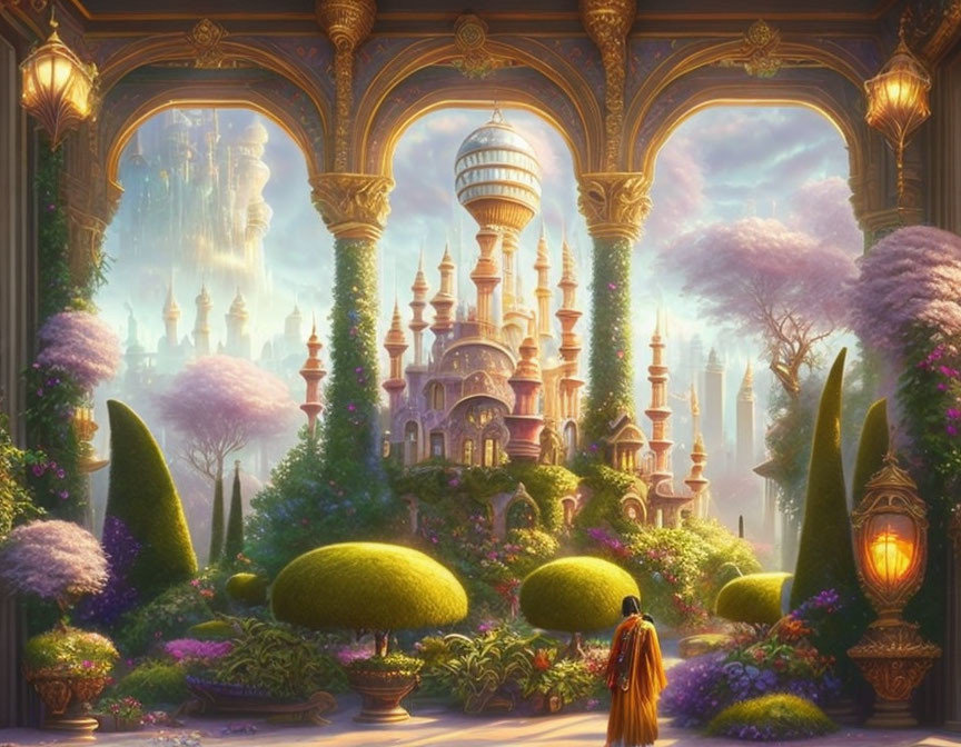 Opulent garden archway frames fairy-tale castle in golden light