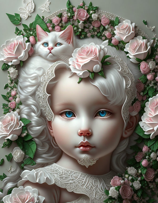 Surreal portrait of pale child with blue eyes and white curls, adorned with pink roses, with