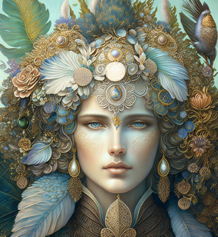 Detailed illustration of a woman with ornate headpiece and bird perch