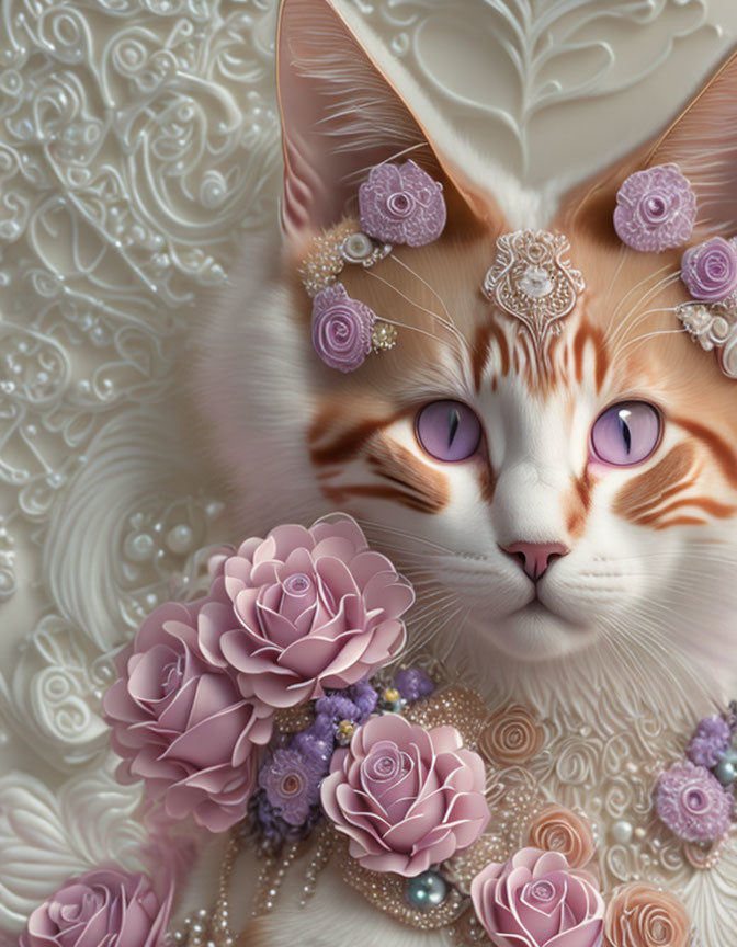 Regal white and orange cat with purple floral and lace decorations