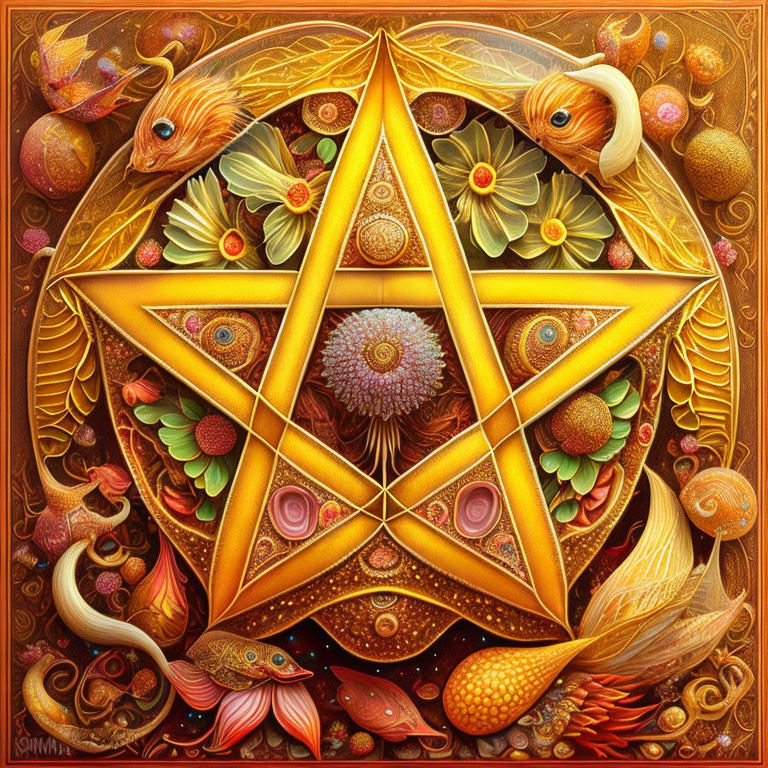 Colorful Fish and Floral Motifs Surround Ornate Golden Pentagram