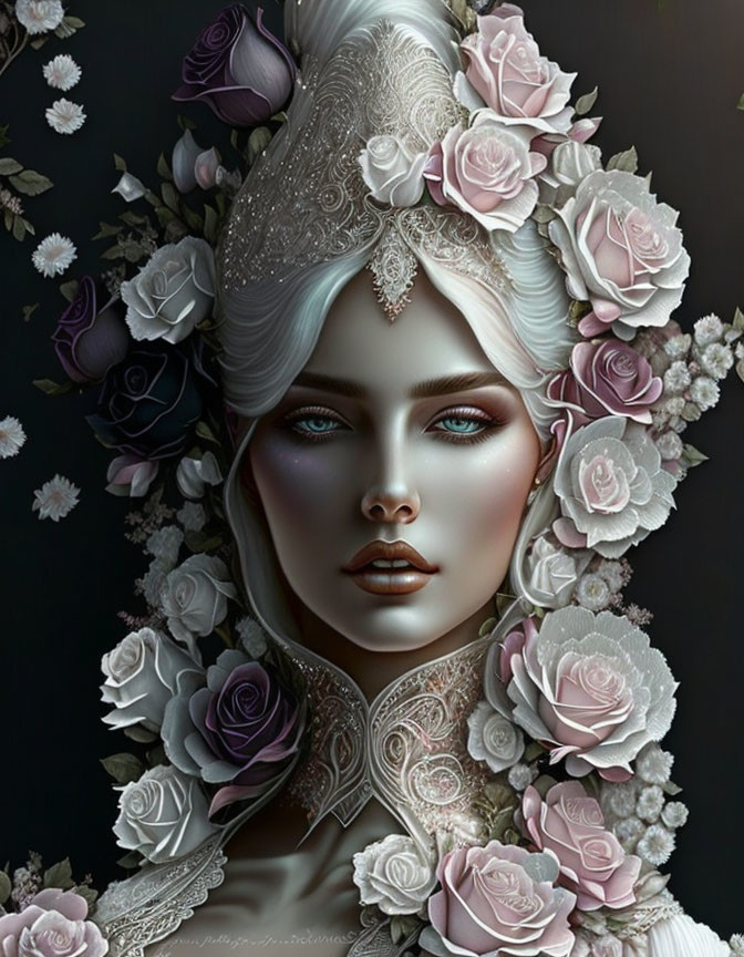 Digital Artwork: Woman's Face with Pastel Roses Crown