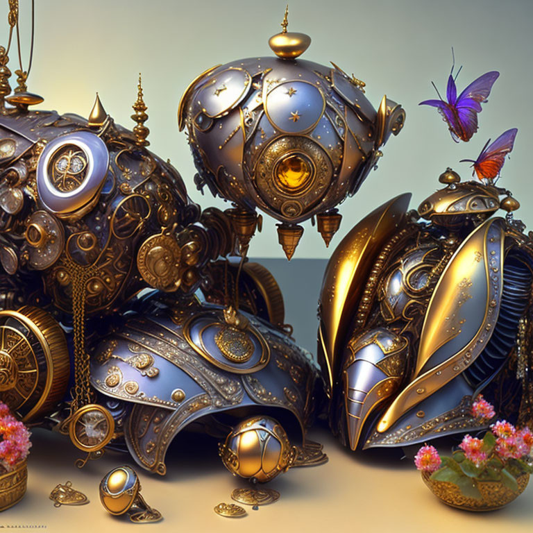 Intricate steampunk mechanical turtles with brass finishes amidst pink flowers and a butterfly.