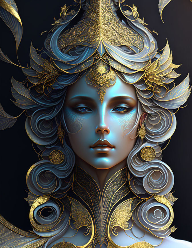 Detailed digital portrait of female figure in ornate golden headgear against dark backdrop