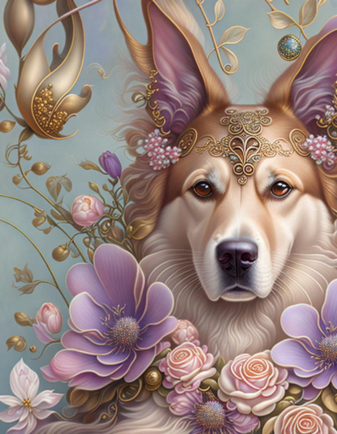 Regal dog portrait with golden headpiece and elegant floral surroundings