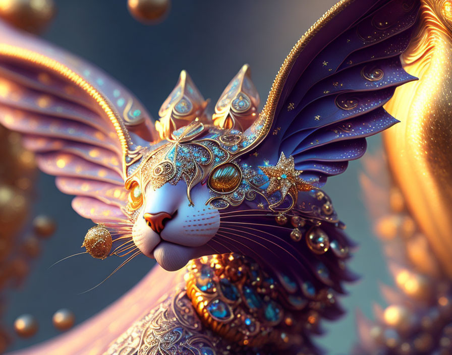 Ornate gold and jewel-encrusted winged cat on soft background