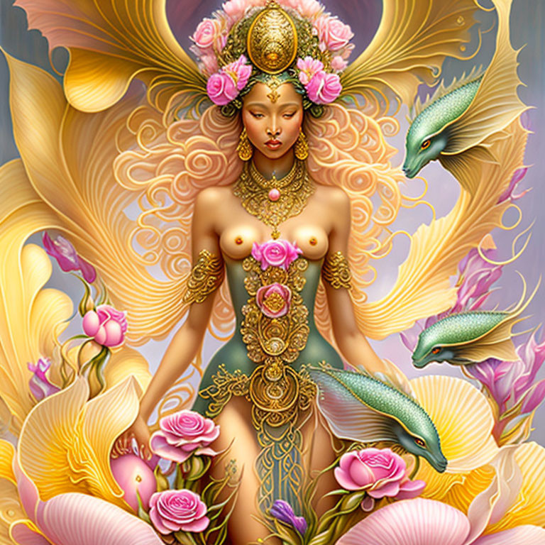 Illustrated female figure with golden jewelry and ornate headdress among lotus flowers and green mythical fish