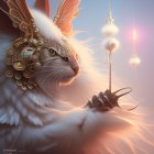 Stylized ethereal cats with feathers and flowers on starry backdrop