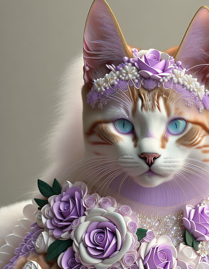 Digitally enhanced cat with blue eyes and purple floral crown among matching flowers