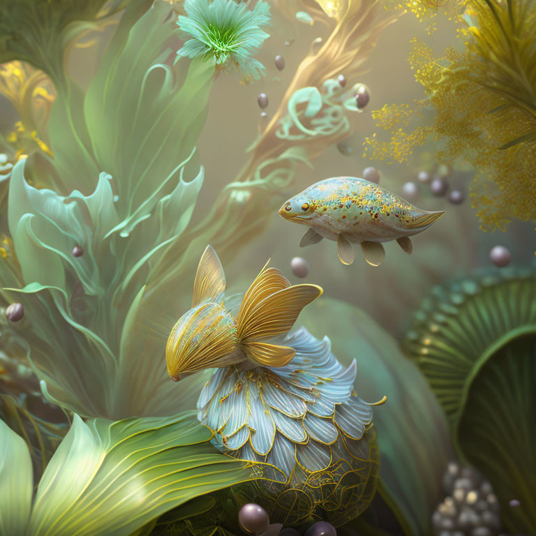 Speckled fish and butterfly-winged creature in underwater scene