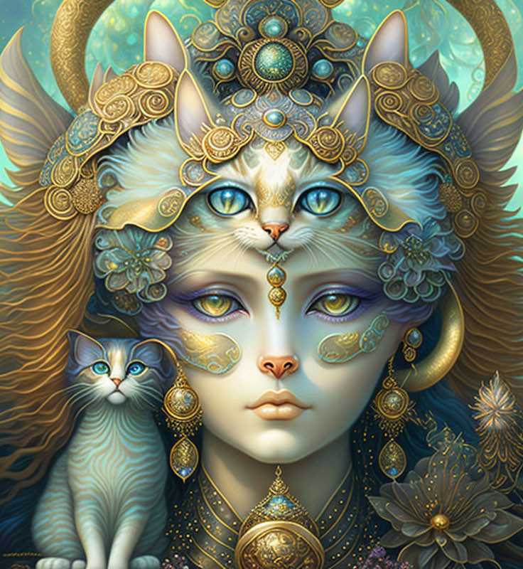 Majestic cat-human hybrid with golden adornments and blue cat