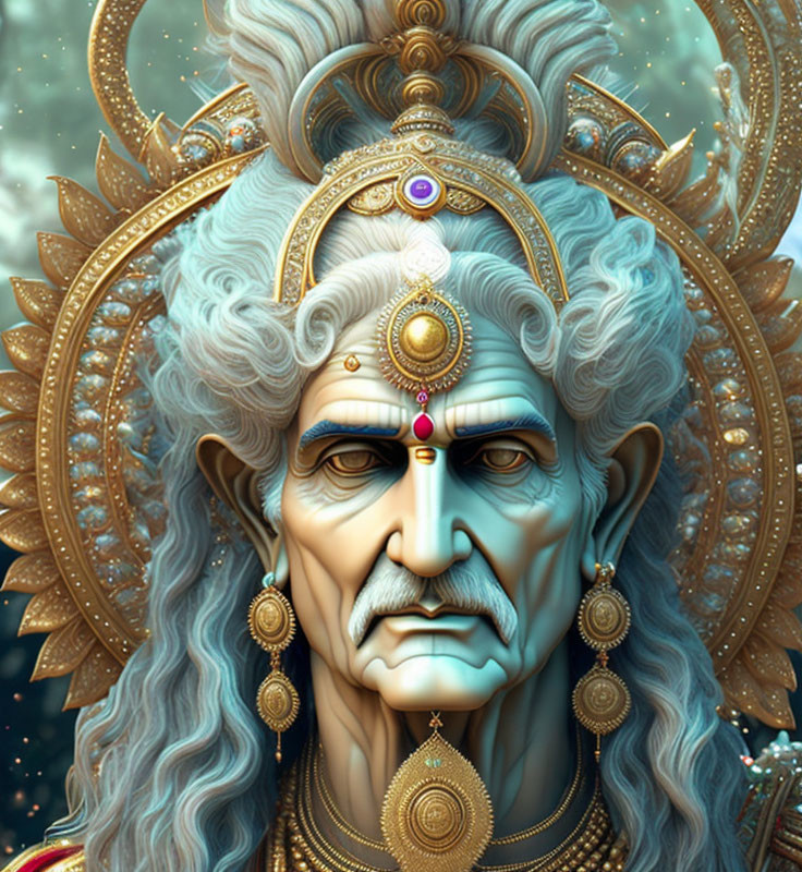 Illustrated portrait of character with golden headgear, white hair, stern expression, and celestial backdrop.