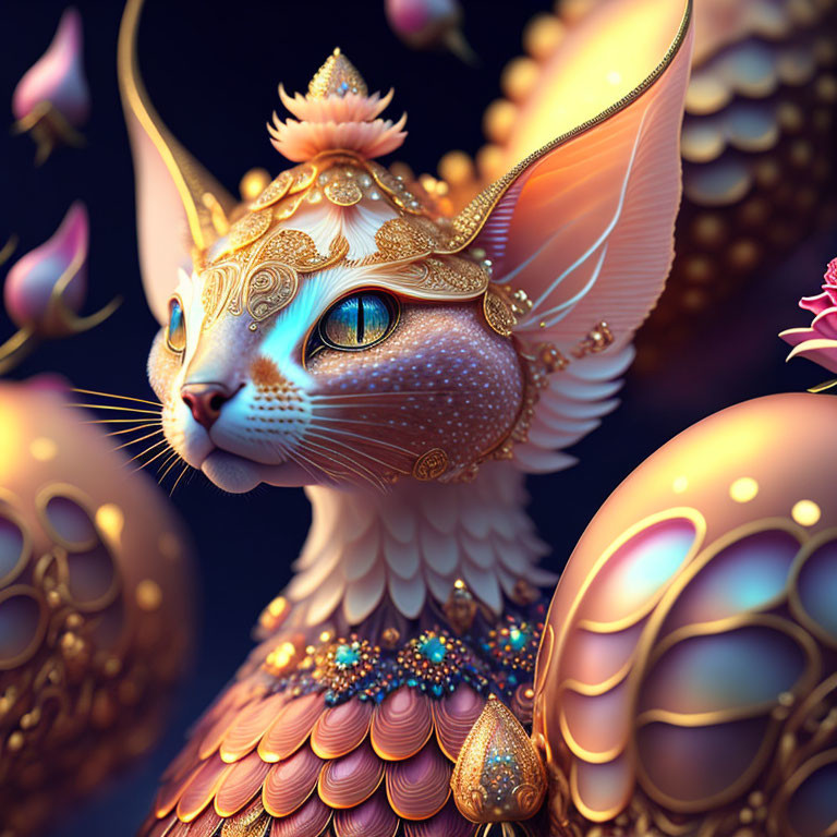Ornate fantasy cat with golden headgear and intricate patterns, surrounded by orbs and pink petals.