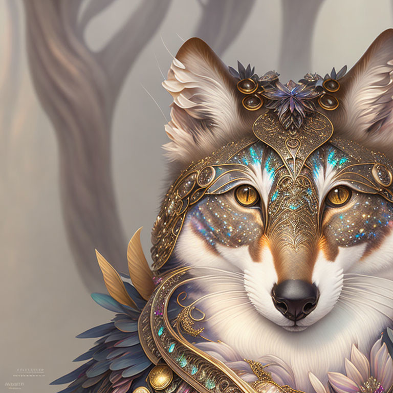 Detailed Digital Artwork: Fox with Ornate Golden Headgear & Feather-like Embellishments
