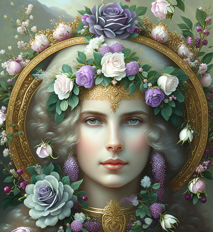 Portrait of Woman with Floral Halo and Golden Headpiece in Lush Greenery