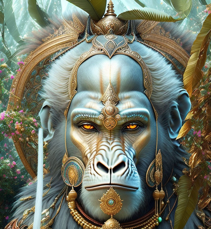 Regal monkey-faced entity with gold adornments in lush jungle setting