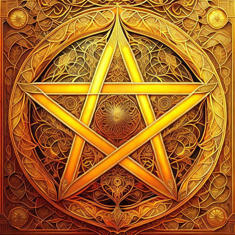 Golden pentacle with geometric and mandala designs on amber background