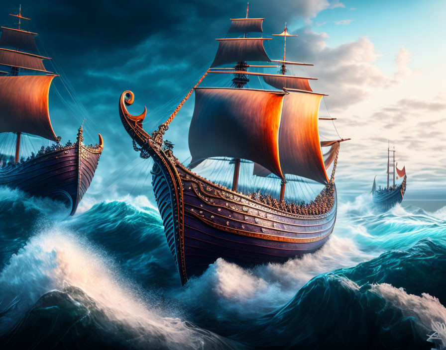 Three majestic sailing ships navigating tumultuous ocean waves under a dramatic sky