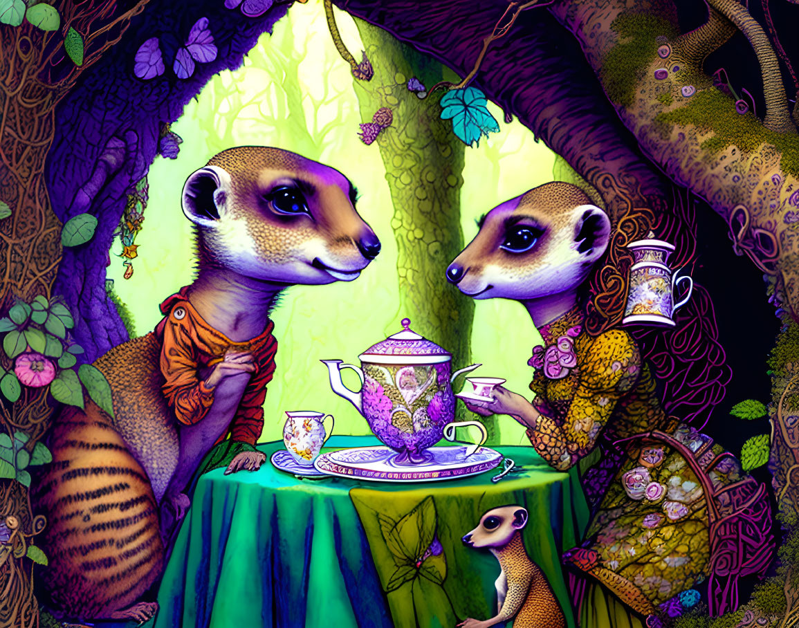 Anthropomorphized meerkats having a tea party in enchanted forest