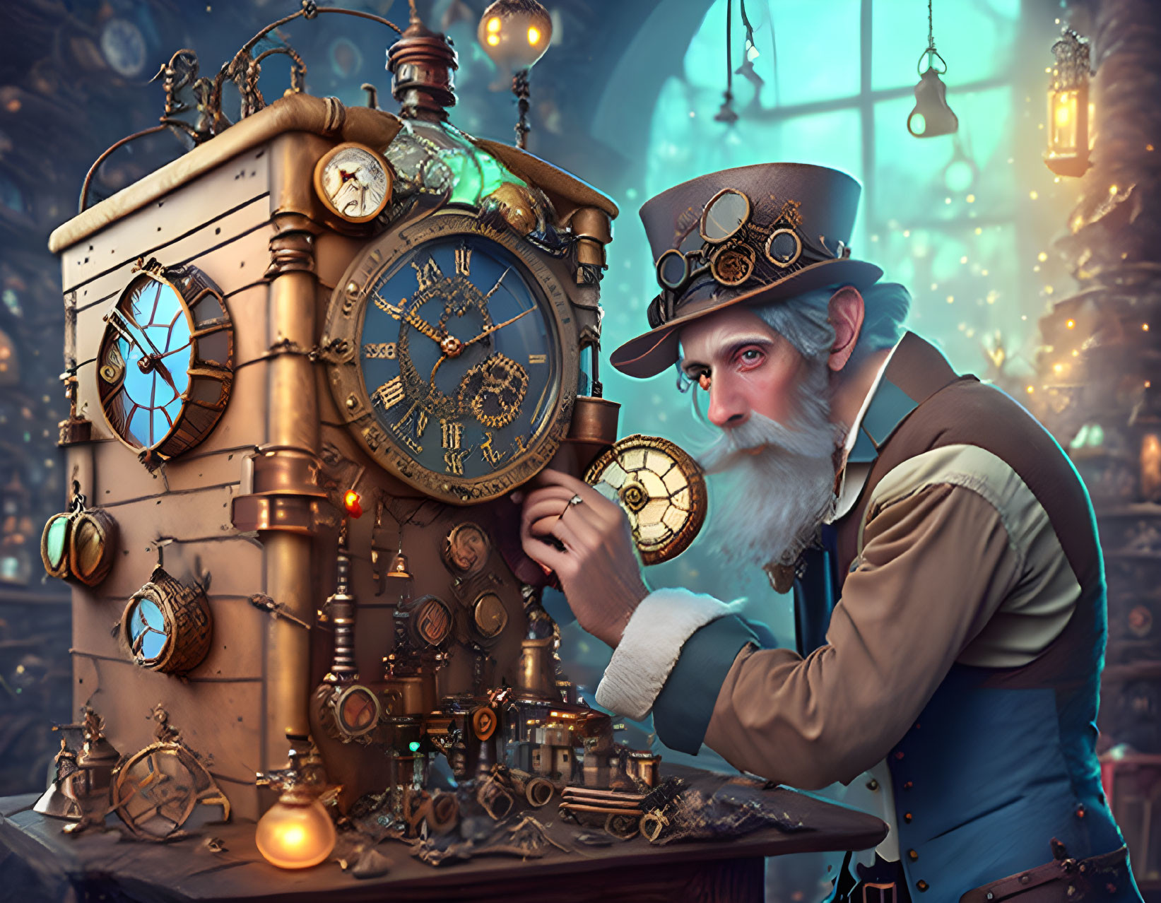 Bearded man in steampunk outfit with goggles next to clockwork machine in vintage lantern-lit