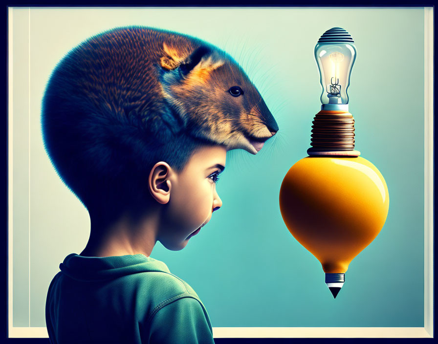 Young boy with lightbulb balloon and mouse head symbolizing creativity
