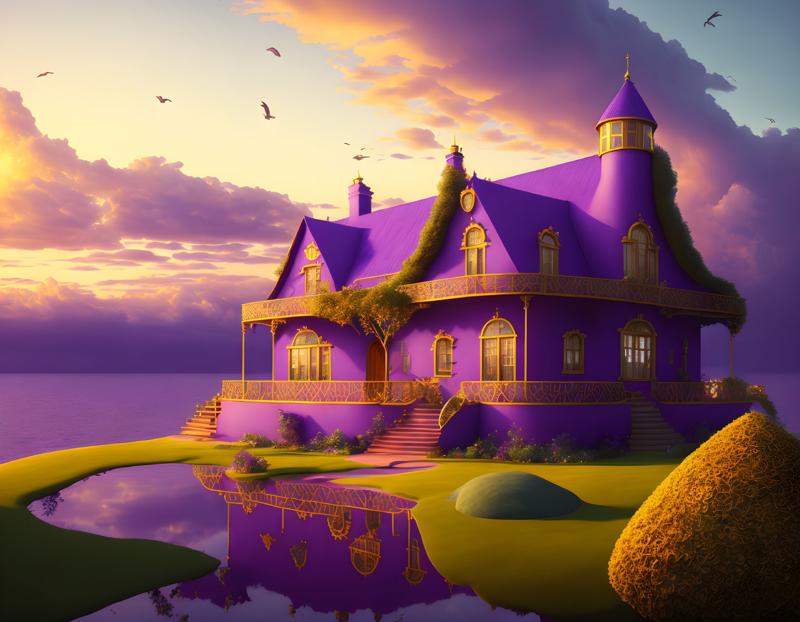 Purple turreted house by calm lake at sunset with bird-filled sky