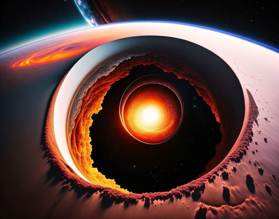 Colorful digital artwork of celestial scene with fiery planet and bright sun on cosmic horizon