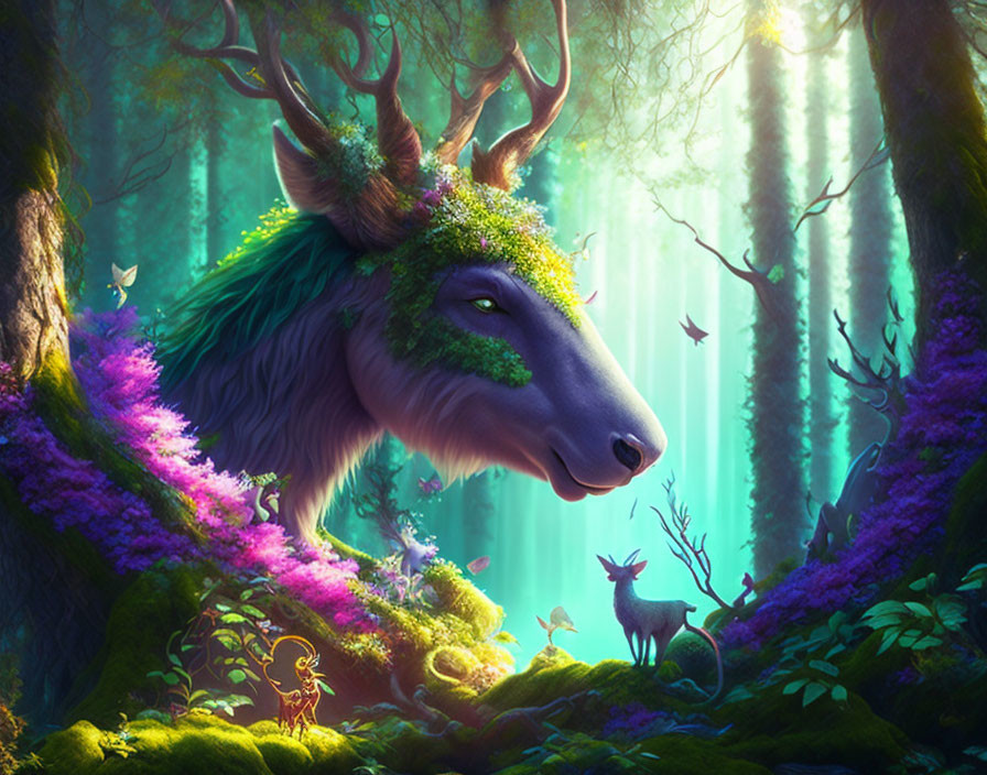 Mystical stag with green mane in vibrant enchanted forest