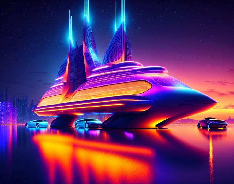 Futuristic sunset cityscape with neon-lit buildings and flying vehicles