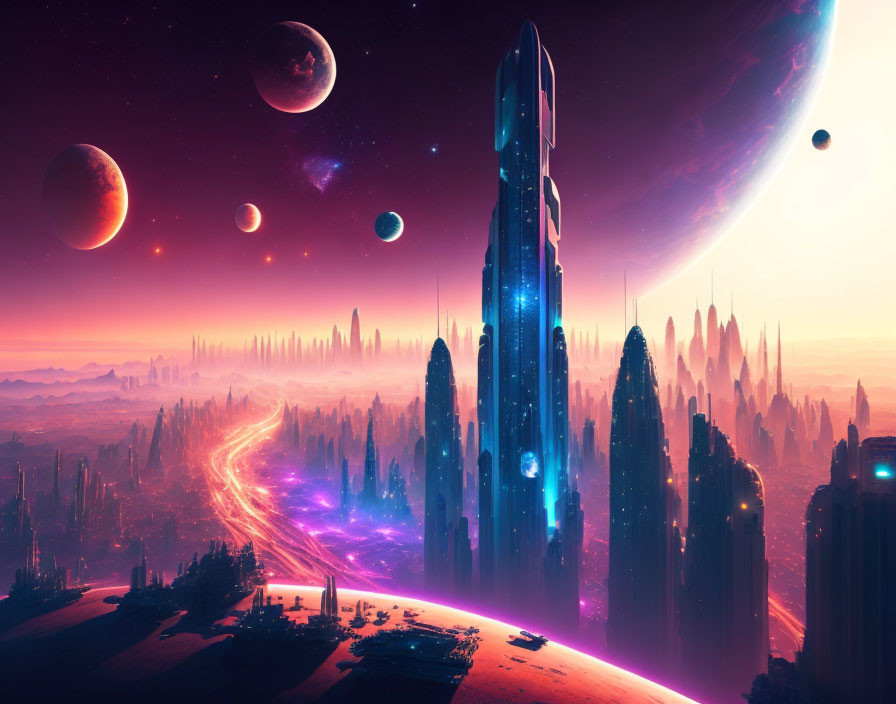 Futuristic cityscape with skyscrapers under purple sky and multiple moons.