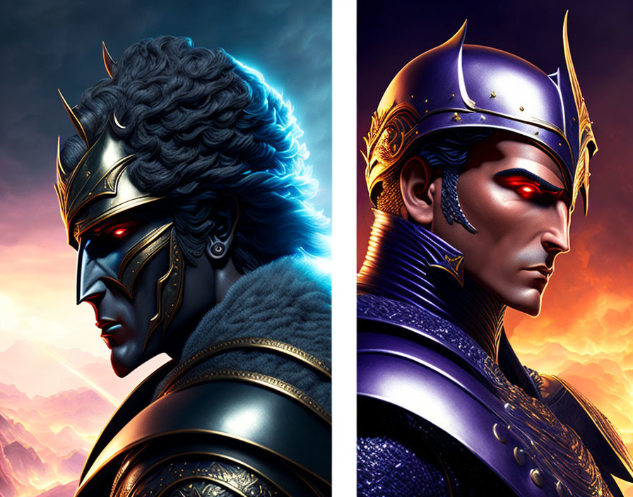 Stylized fantasy warriors in profile: dark feathered helmet vs. golden armor
