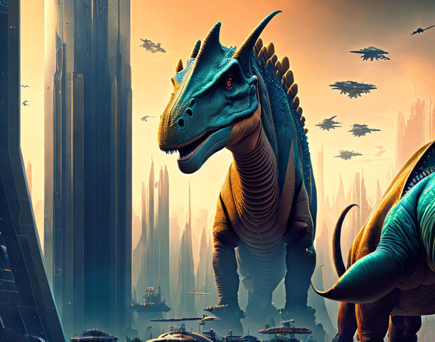 Realistic dinosaurs in futuristic cityscape with towering structures