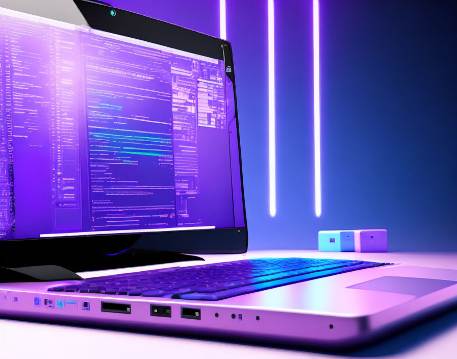 Neon-lit laptop screen displays coding in modern environment