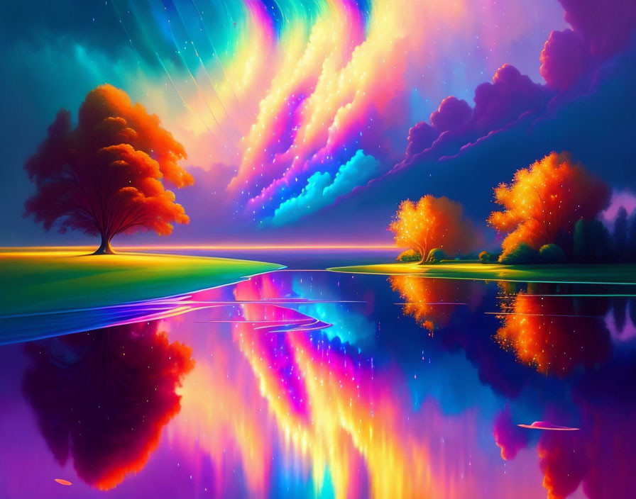 Colorful tree reflection near water under swirling sky